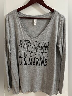 Women’s US Marine Corps Spouse Gray V-Neck Tee 3/4 Sleeves Bella Canvas